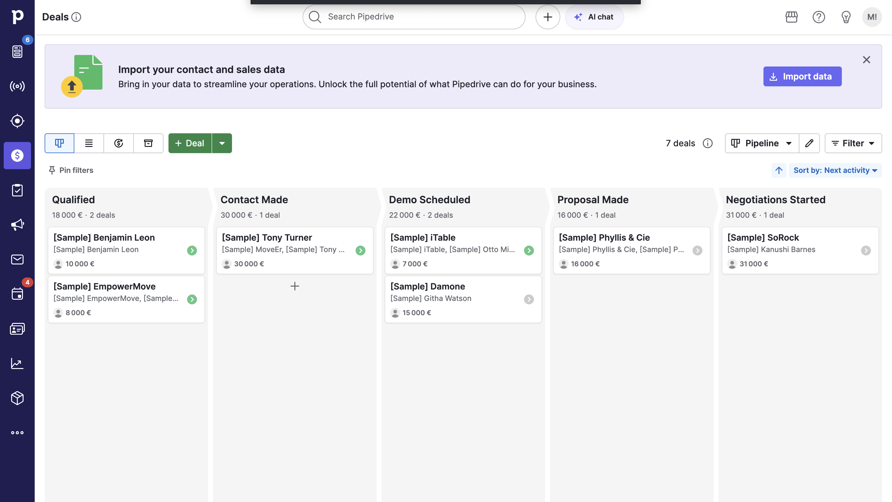 Pipedrive's main dashboard with visual pipeline interface with deals in different stages