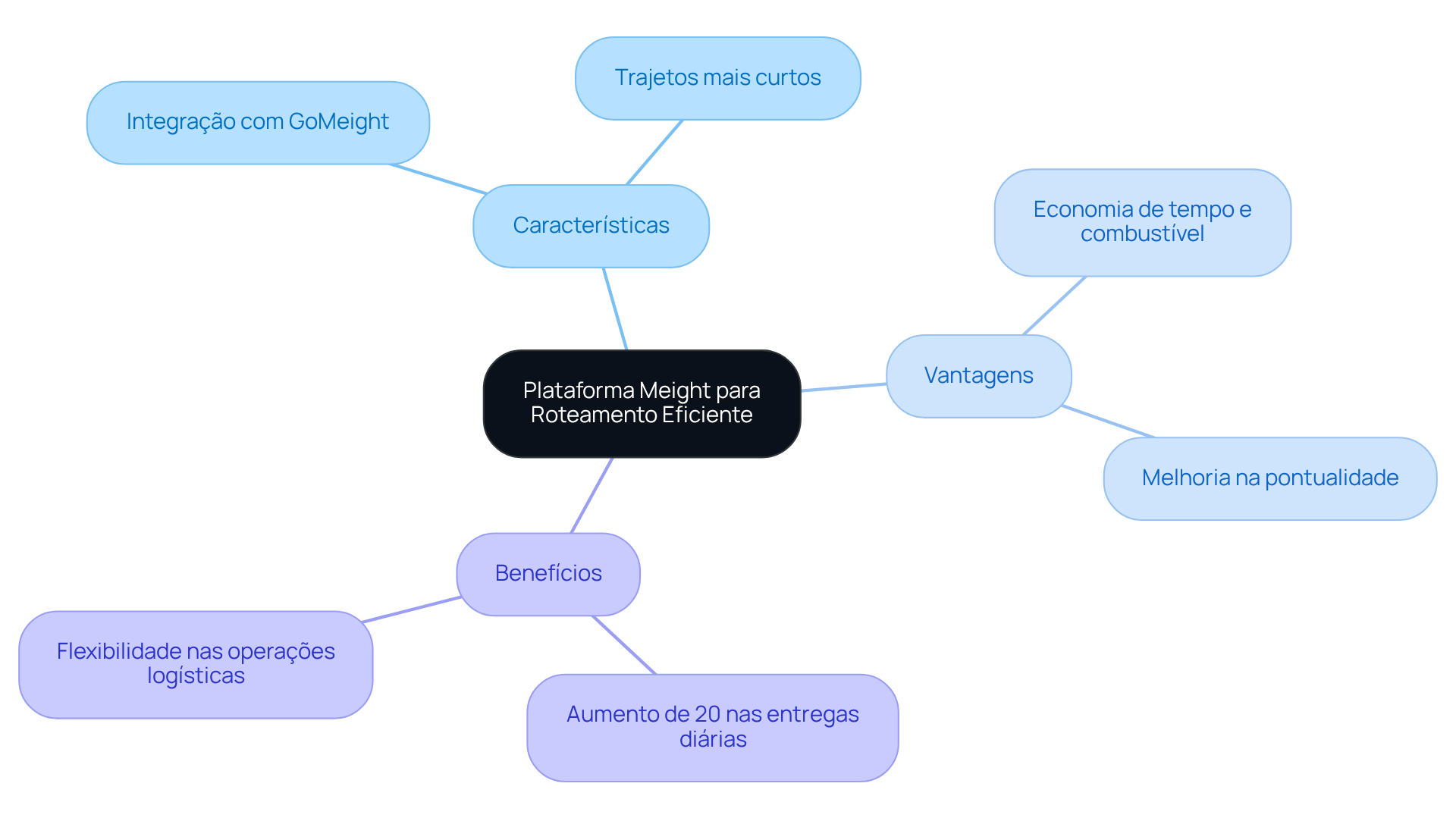 O centro representa a plataforma Meight, e as ramificações mostram suas características, vantagens e benefícios. Siga os ramos para entender como cada parte contribui para a eficiência do roteamento.