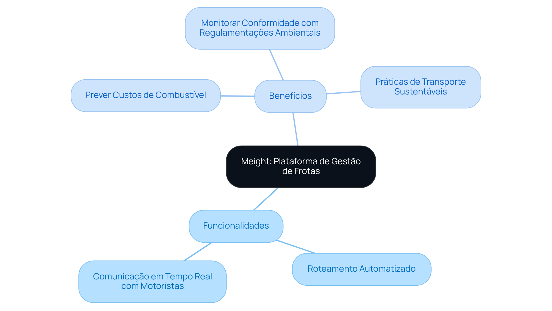 No centro, temos a plataforma Meight. As ramificações mostram suas funcionalidades e, a partir delas, os benefícios que as empresas podem obter. Quanto mais próximo do centro, mais central é a ideia.