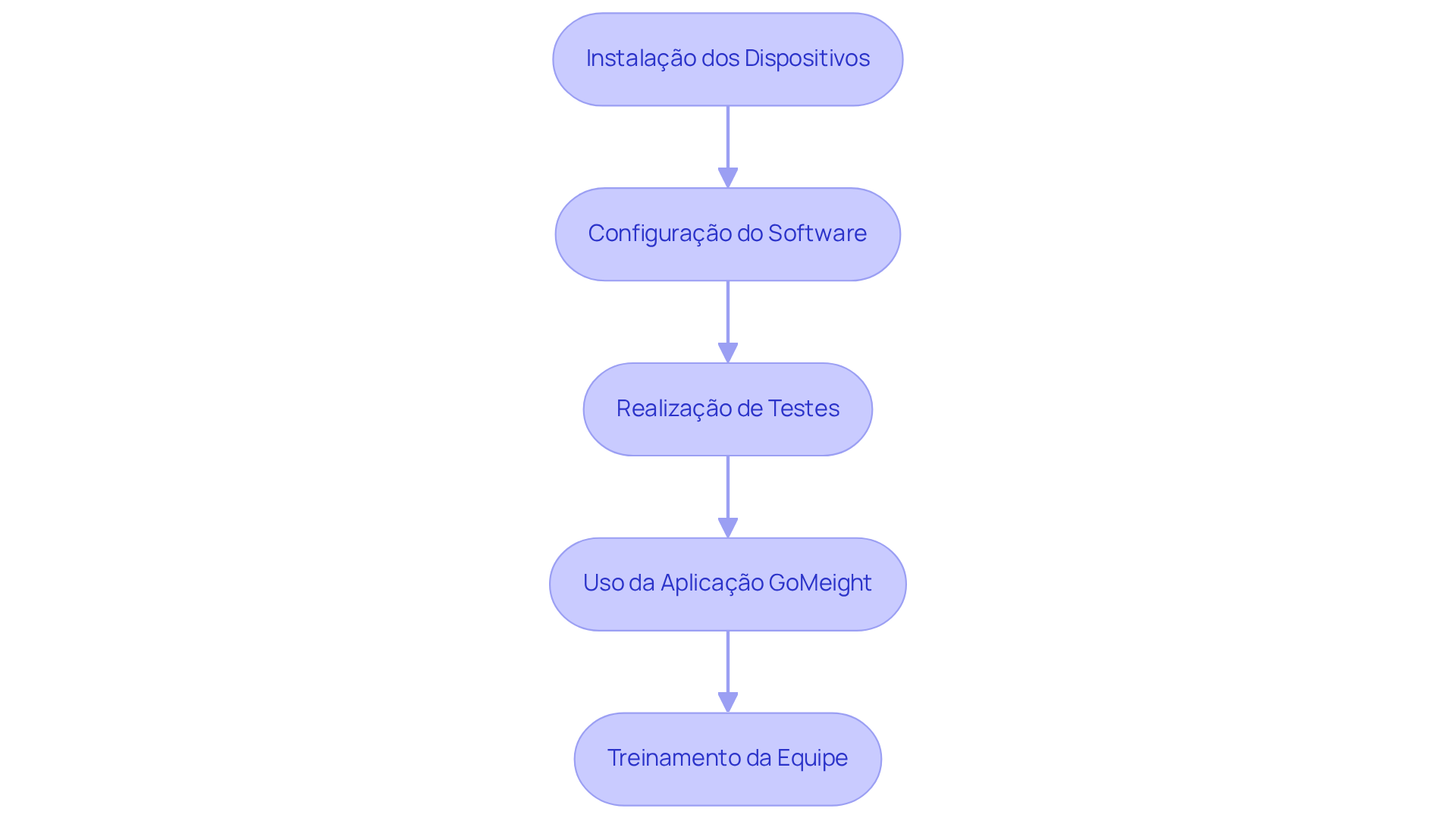 Cada caixa representa uma etapa do processo de implementação. Siga as setas para entender como cada fase se conecta e qual deve ser realizada em seguida.