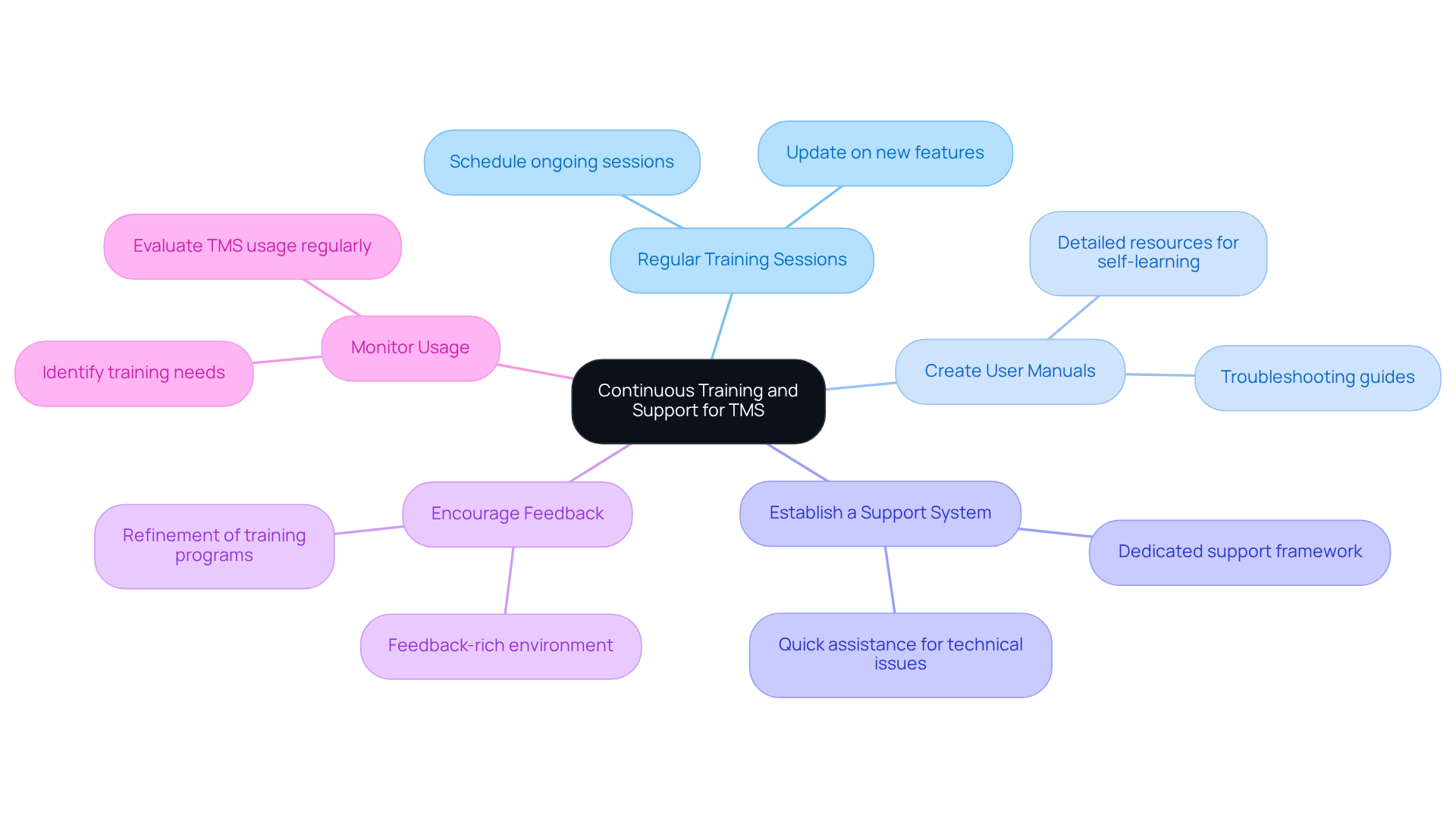 The center represents the main focus on training and support, while the branches show specific practices that help achieve effective TMS use. Each branch highlights a key area to focus on for improving user proficiency and operational efficiency. The center represents the main focus on training and support, while the branches show specific practices that help achieve effective TMS use. Each branch highlights a key area to focus on for improving user proficiency and operational efficiency.