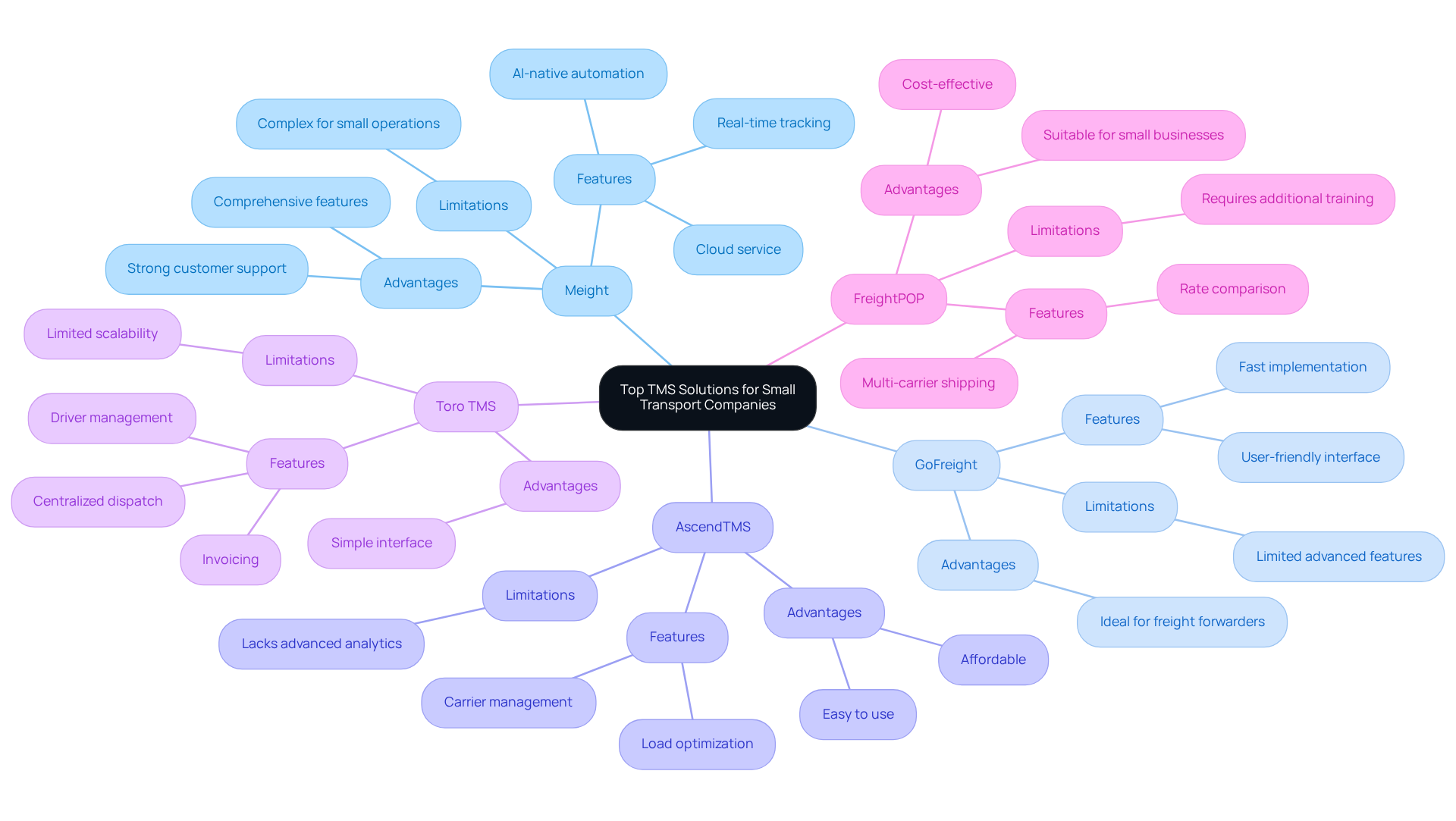 Each branch represents a different TMS solution. Under each solution, you'll find its key features, advantages, and limitations, helping you to see which option might be the best fit for your needs.
