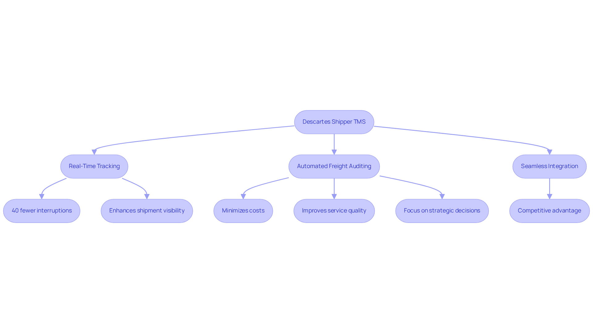 This flowchart shows how the Descartes Shipper TMS enhances shipping logistics. Each box represents a key feature, and the arrows illustrate how these features contribute to improved supply chain efficiency and competitive advantage. This flowchart shows how the Descartes Shipper TMS enhances shipping logistics. Each box represents a key feature, and the arrows illustrate how these features contribute to improved supply chain efficiency and competitive advantage.