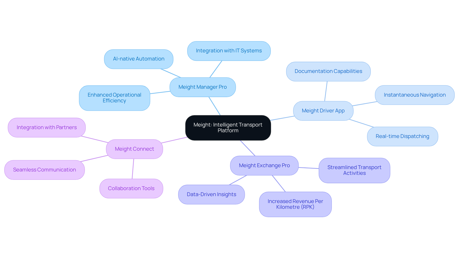 The center represents Meight as a whole, while the branches show the different solutions it offers. Each solution has its own features that contribute to improving logistics management. Follow the branches to understand how each part fits into the overall platform. The center represents Meight as a whole, while the branches show the different solutions it offers. Each solution has its own features that contribute to improving logistics management. Follow the branches to understand how each part fits into the overall platform.