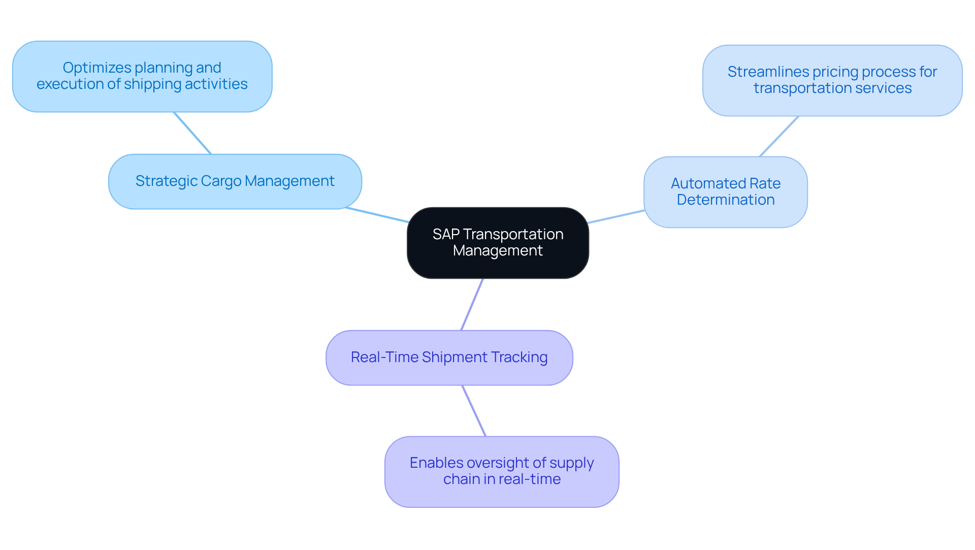 This mindmap starts with SAP Transportation Management at the center. Each branch represents a key functionality, and the sub-branches give more details about what each functionality does. It's a great way to see how these features connect and support logistics operations. This mindmap starts with SAP Transportation Management at the center. Each branch represents a key functionality, and the sub-branches give more details about what each functionality does. It's a great way to see how these features connect and support logistics operations.