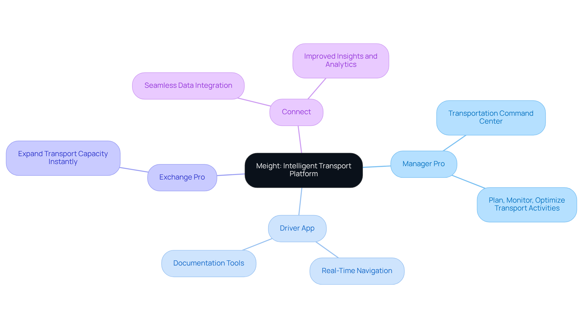The central node represents the main platform, while the branches show the different solutions offered. Each solution has its own sub-points explaining what it does and how it helps improve logistics operations.