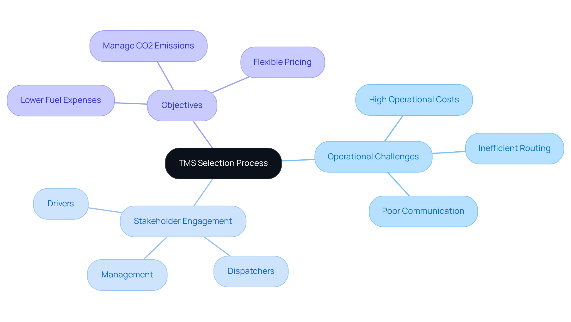 This mindmap helps you visualize the key components of selecting a Transportation Management System. Start at the center with the selection process, then explore the challenges, stakeholder insights, and objectives that guide your decision-making. This mindmap helps you visualize the key components of selecting a Transportation Management System. Start at the center with the selection process, then explore the challenges, stakeholder insights, and objectives that guide your decision-making.