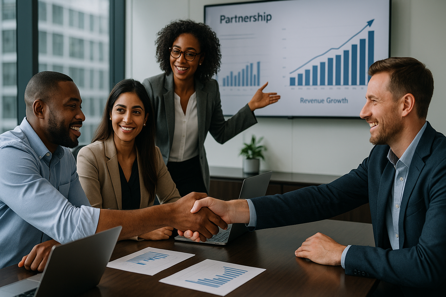 Partners shaking hands and looking forward to earn profits