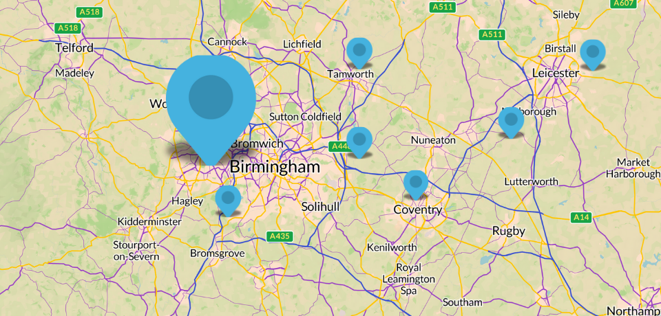 Map of Birmingham with location icons