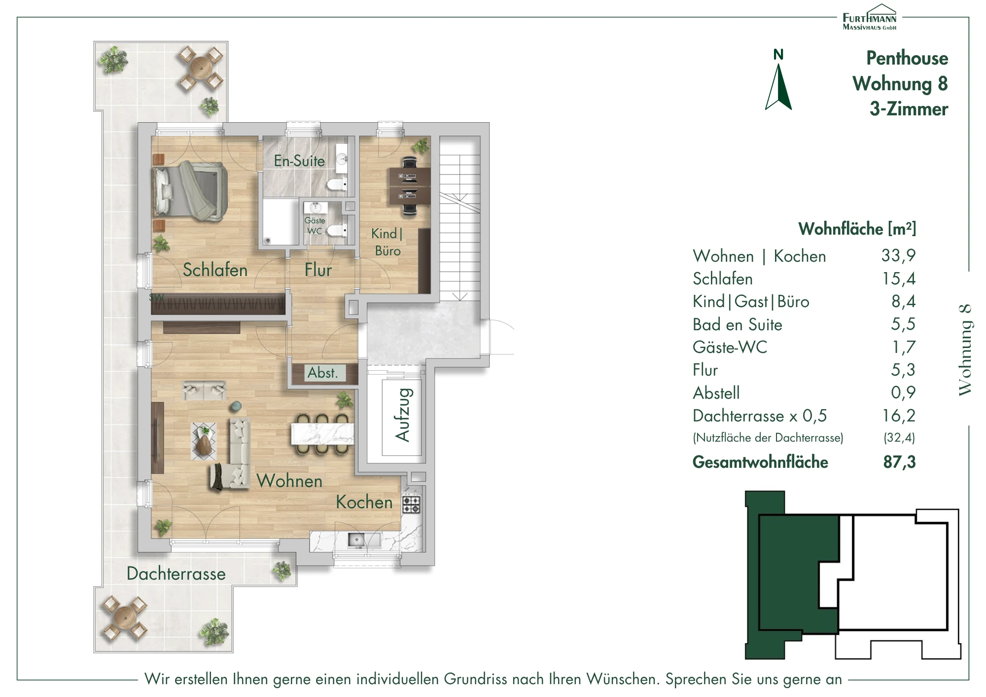 Grundriss Haus 2, Penthouse Wohnung 8, 3 Zimmer
