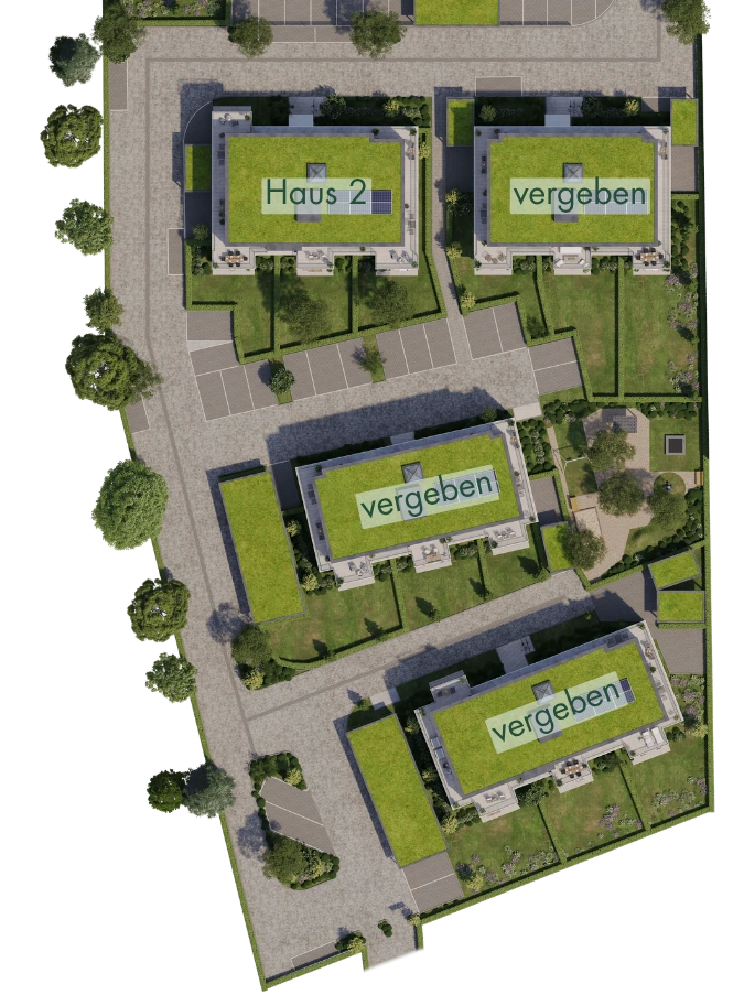 Lageplan Quartier Reusrath – Haus 2 mit verfügbaren Wohnungen, Häuser 1, 3 und 4 vergeben