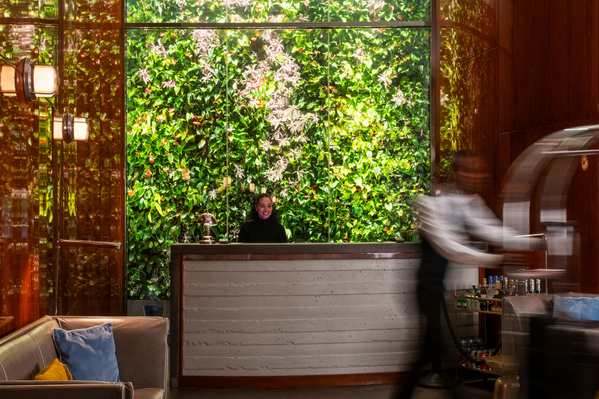Hotel Hugo SoHo lobby with vertical garden and attentive service in motion.