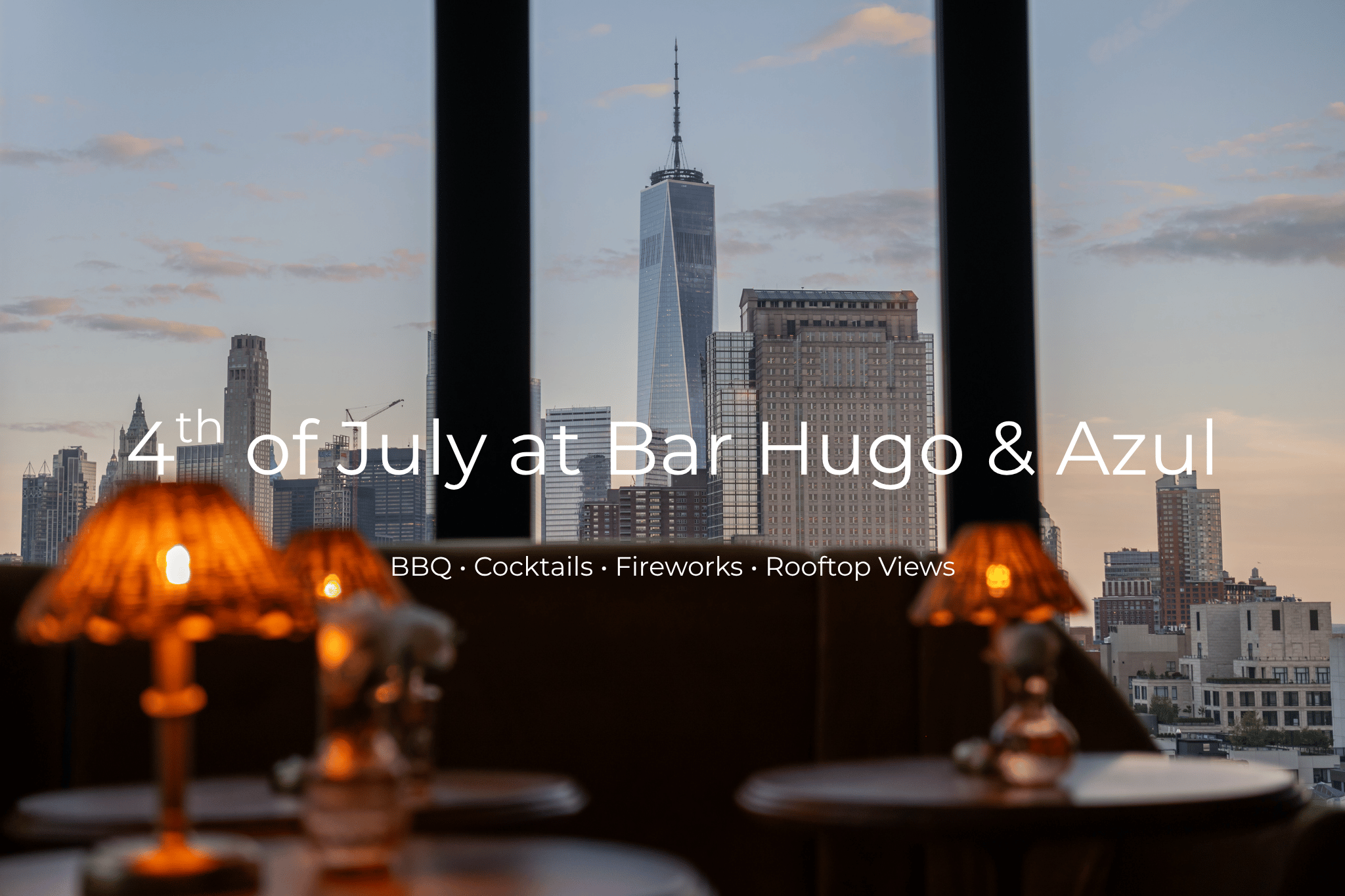 Rooftop Hugo Bar with elegant seating and warm lighting.