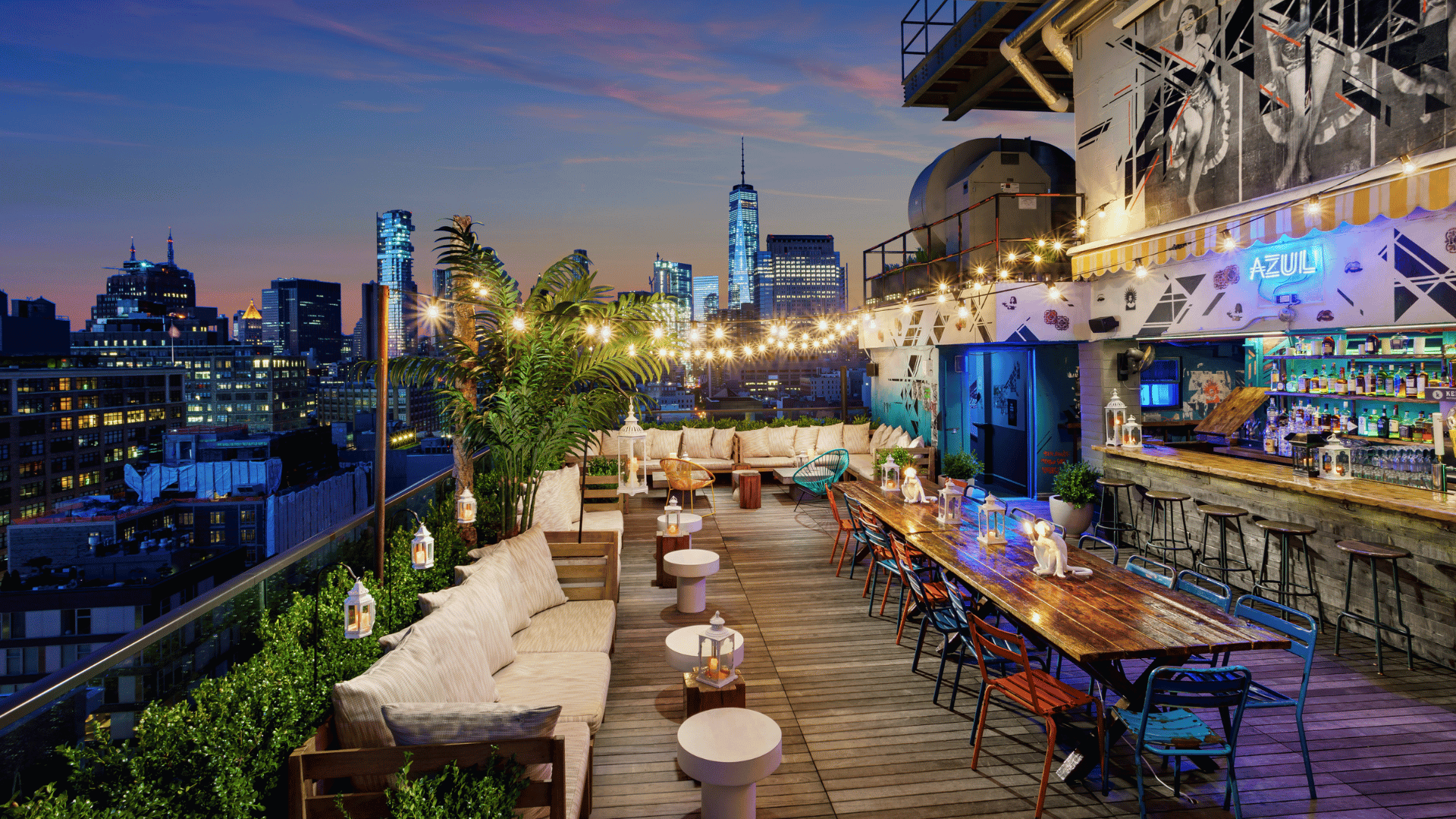 Sunset rooftop dining at a luxury hotel in Soho.