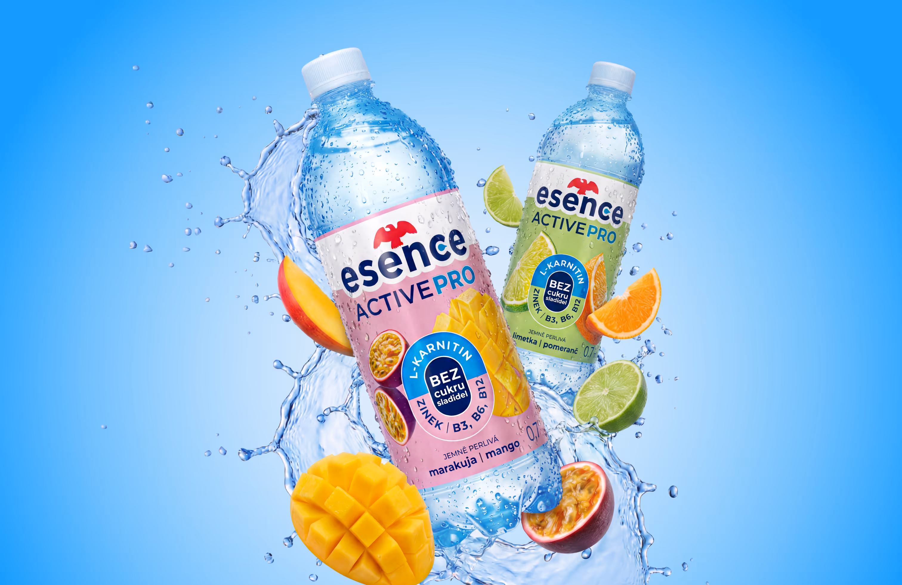 Two Essence ActivePro water bottles with mango passion fruit and lime orange flavors splashing in water.