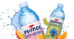 Two bottles of Esence active pro bottled water with water splash in the background.