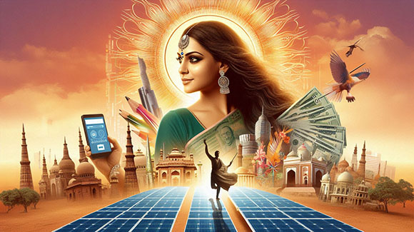 A collage representing Indias energy transition and economic growth showing a bollywood actress, energy infrastructure and historic landmarks
