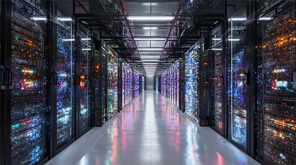 Illustration of XAi datacenter corridor where AI is trained on X's dataset