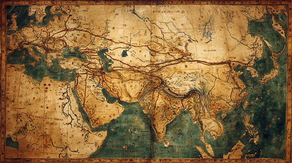 An old map of Asia showing Chinas silk road