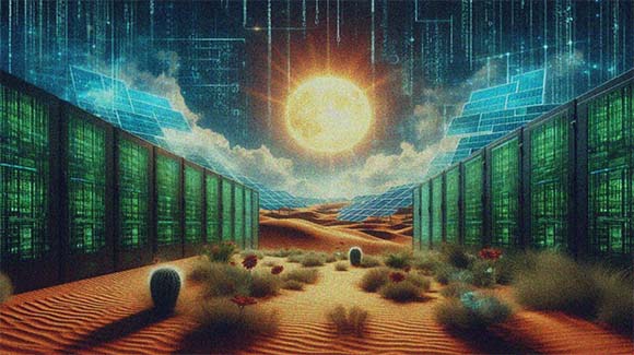 Two rows of servers on a desert landscape with the sun blazing in the center of the sky filled with code