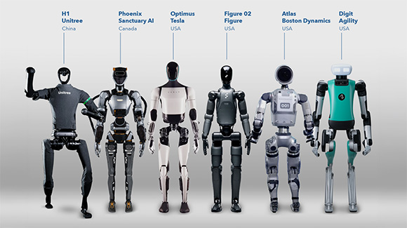 Six humanoid robots from various companies lined up on a grey background