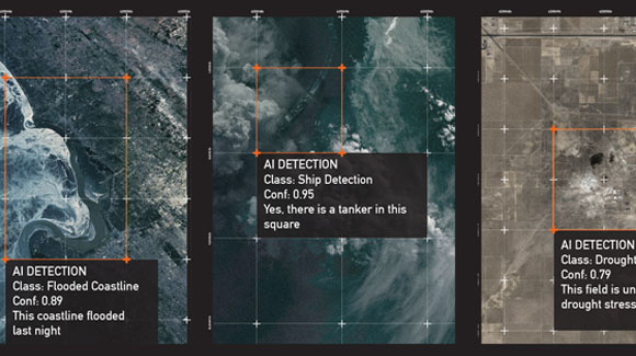 Satellite photographs with AI analysis overlaid on top of them
