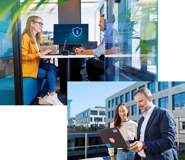 Collage zweier Bilder, eins von einer Frau am Arbeitsplatz und eins von btelligent Mitarbeitern an einem Whiteboard