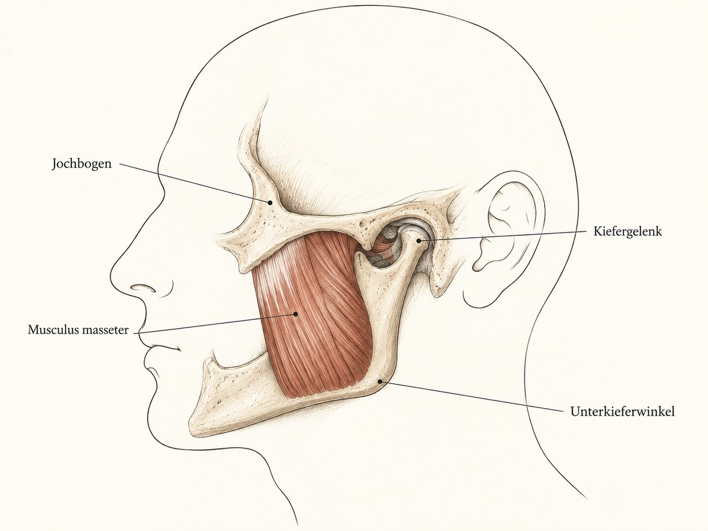 Position of the masseter chewing muscle between the cheekbone and the lower jaw