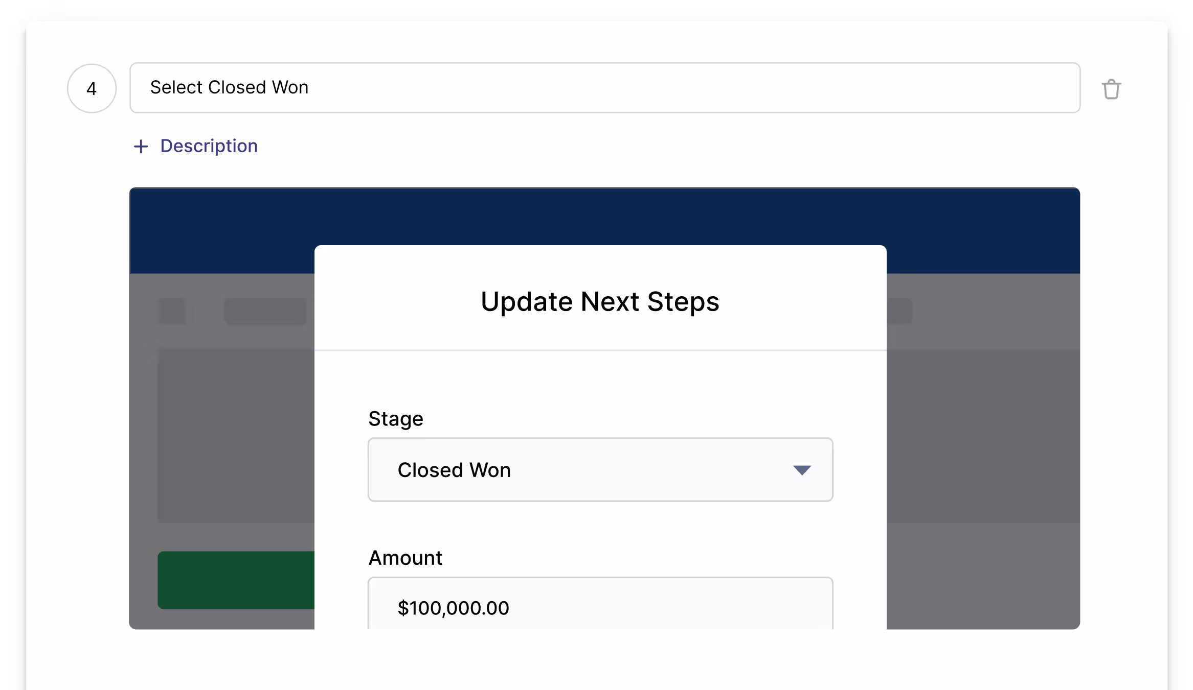 Sales pipeline update form with Closed Won stage and $100,000 amount