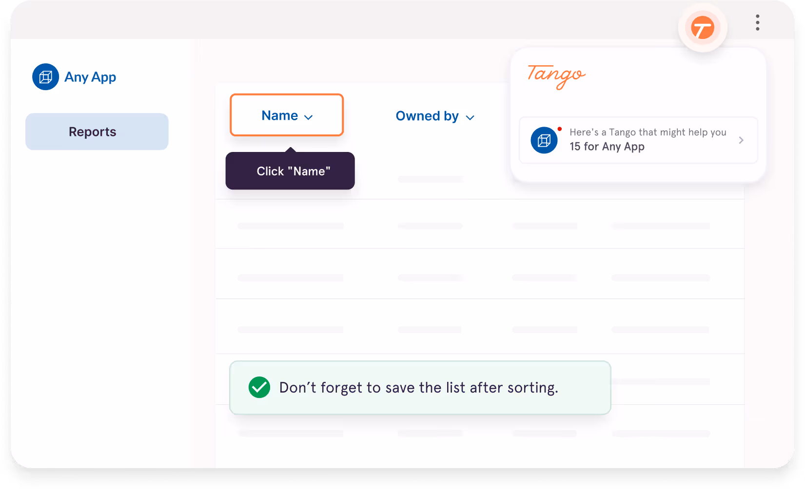 Tango interface with a 'Name' dropdown box prompt