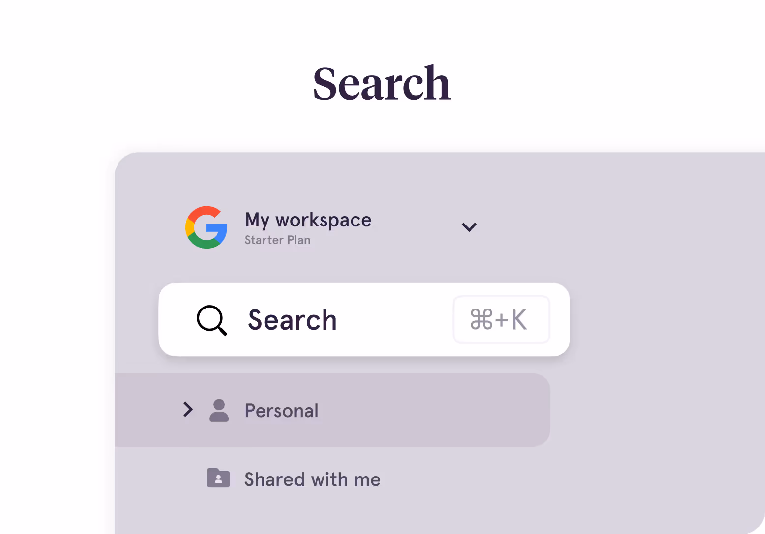 Interface illustrating Tango’s workspace search feature, including options for personal and shared workspaces with a search bar at the top.