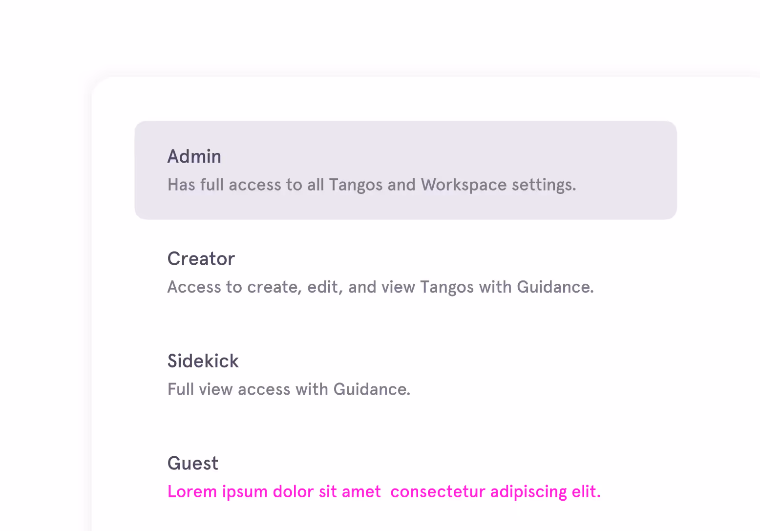 Graphic displaying Tango’s access controls, listing roles like Admin, Creator, Sidekick, and Guest with different access permissions in the workspace.