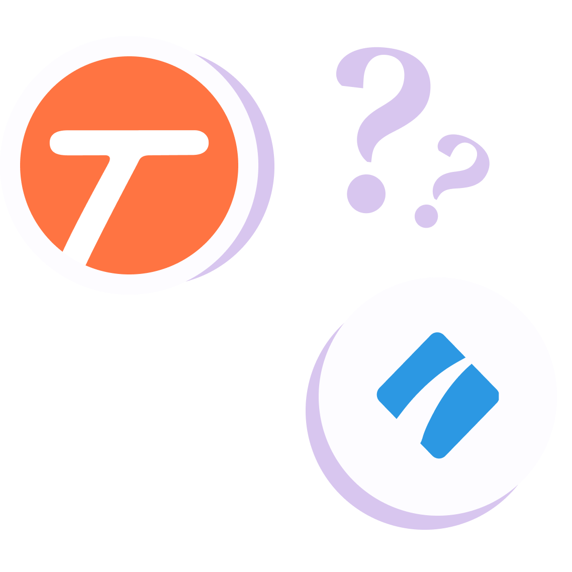 Tango logo and Scribe logo with a connecting line between them, surrounded by question marks.