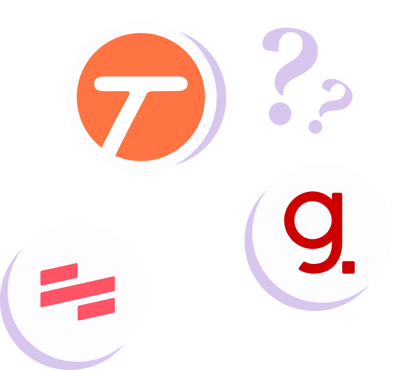 Tango logo and Scribe logo with a connecting line between them, surrounded by question marks.