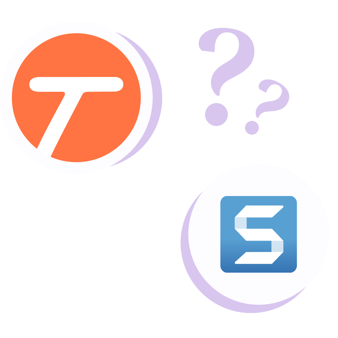 Tango logo and Scribe logo with a connecting line between them, surrounded by question marks.