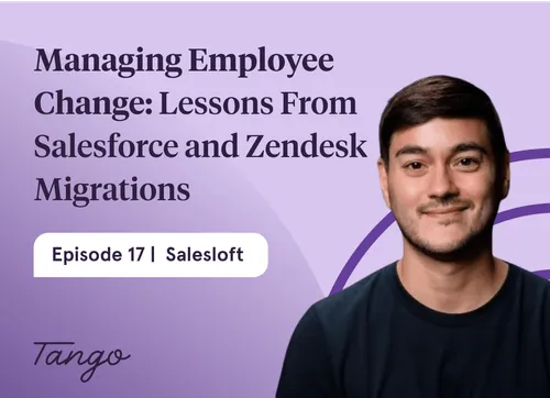Image with a podcast play button, related to managing employee change lessons from Salesforce and Zendesk migrations.