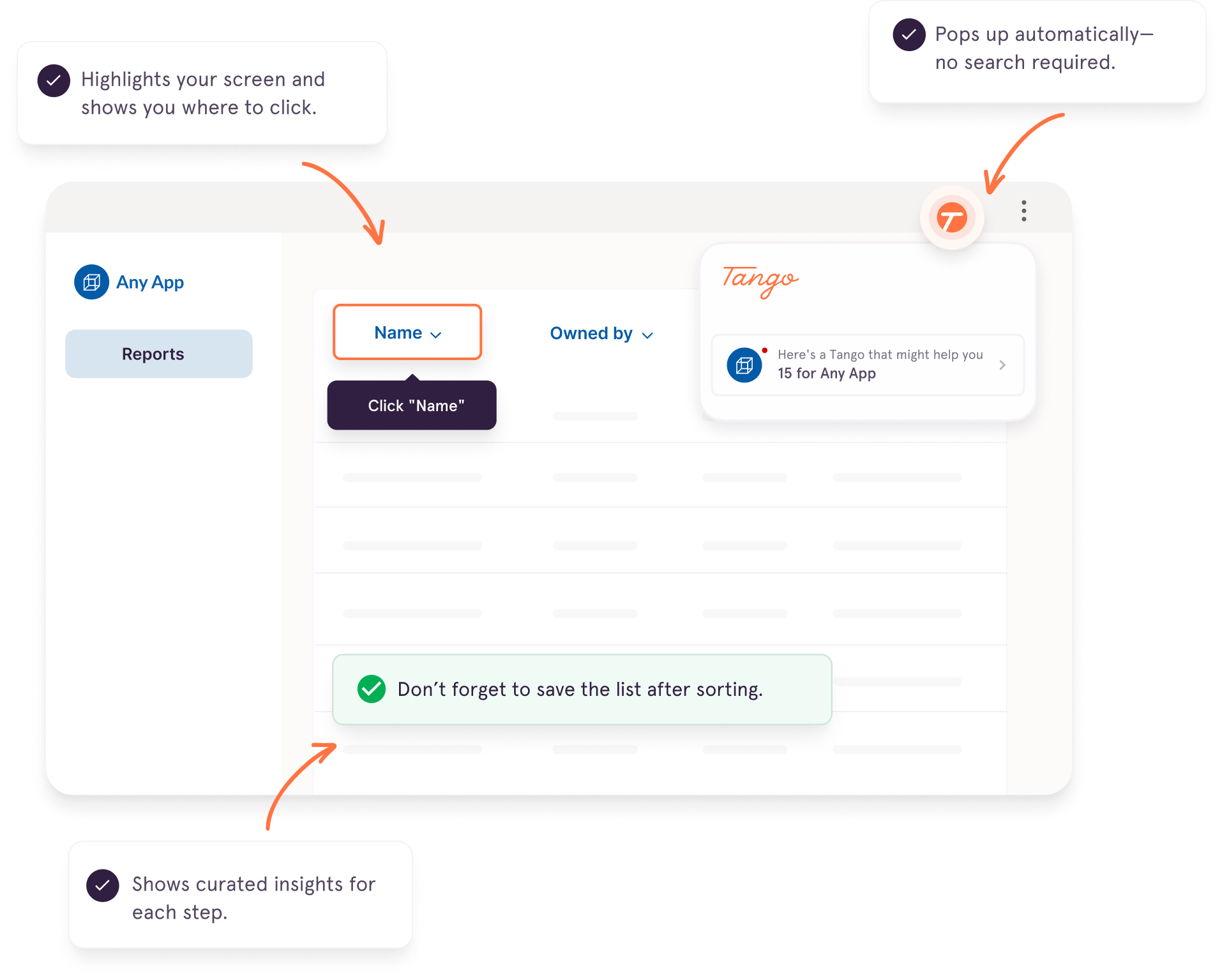 A screenshot from Tango of an interactive walkthrough telling
you exactly what to do and where to click, without ever leaving your screen.