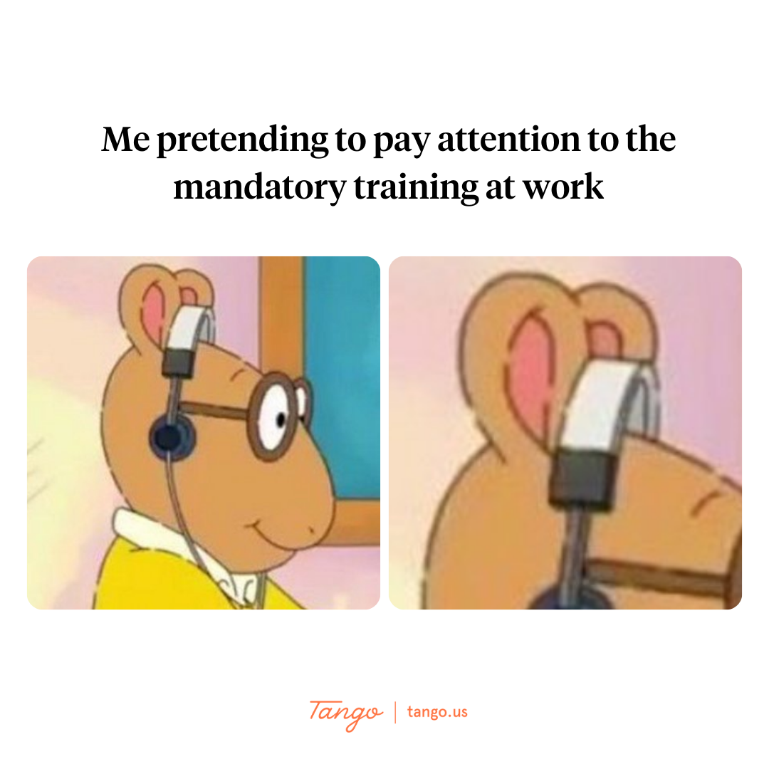 A meme of Arthur showing him pretending to pay attention to mandatory software training but not really listening.