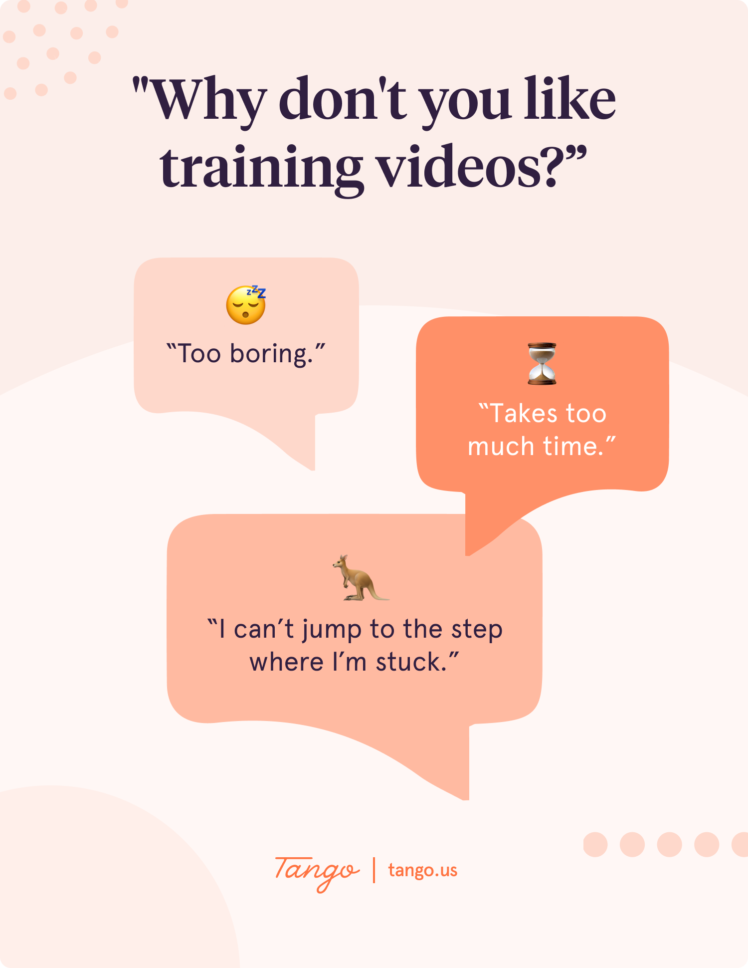 A graphic summarizing the three main reasons why people don't like training videos.