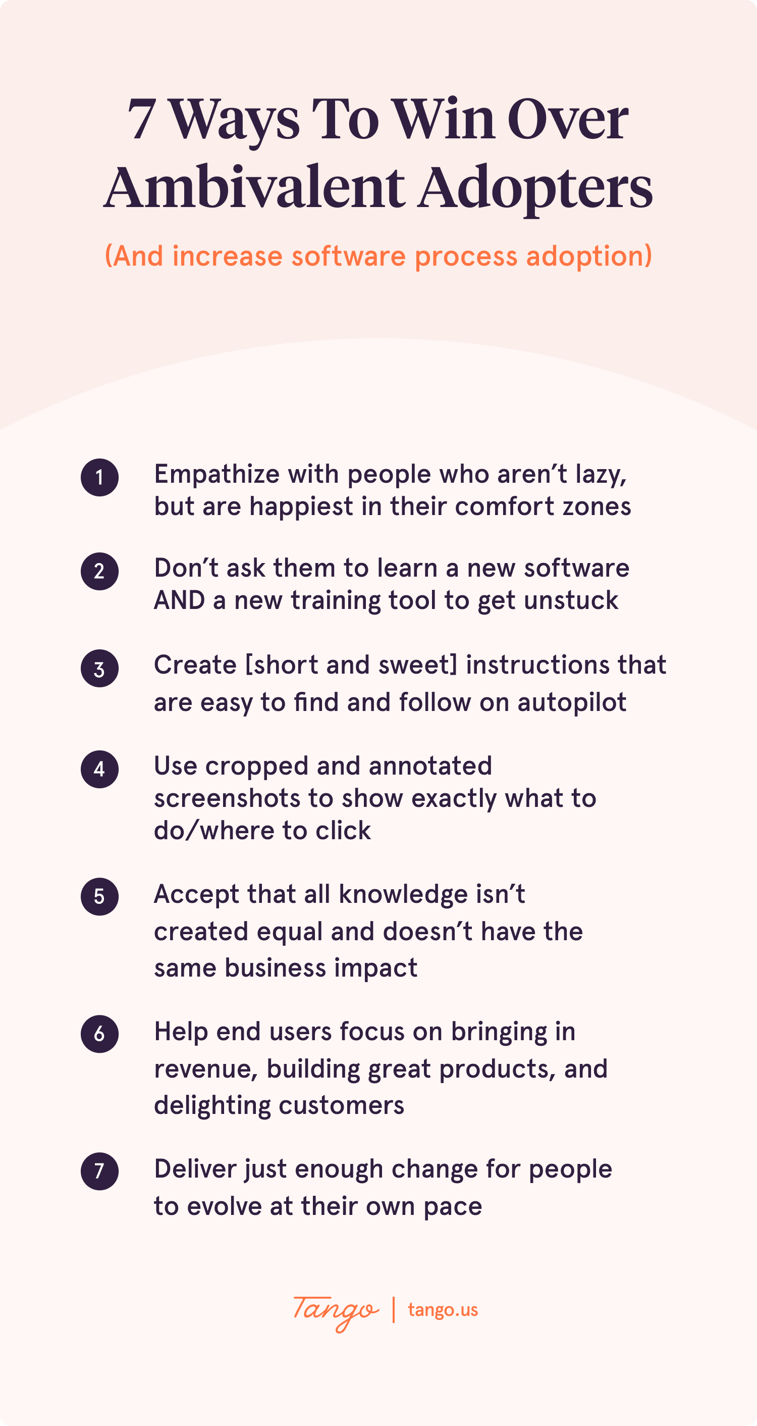 A summary graphic depicting the seven ways to win over ambivalent adopters and increase software process adoption.