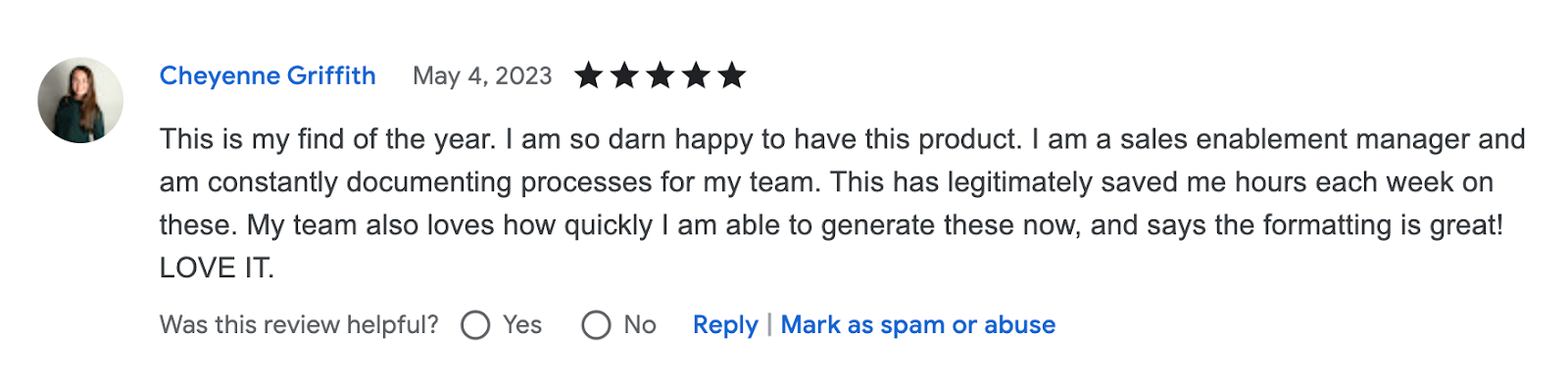 A screenshot of a five-star Tango Chrome Store review from a sales enablement manager.