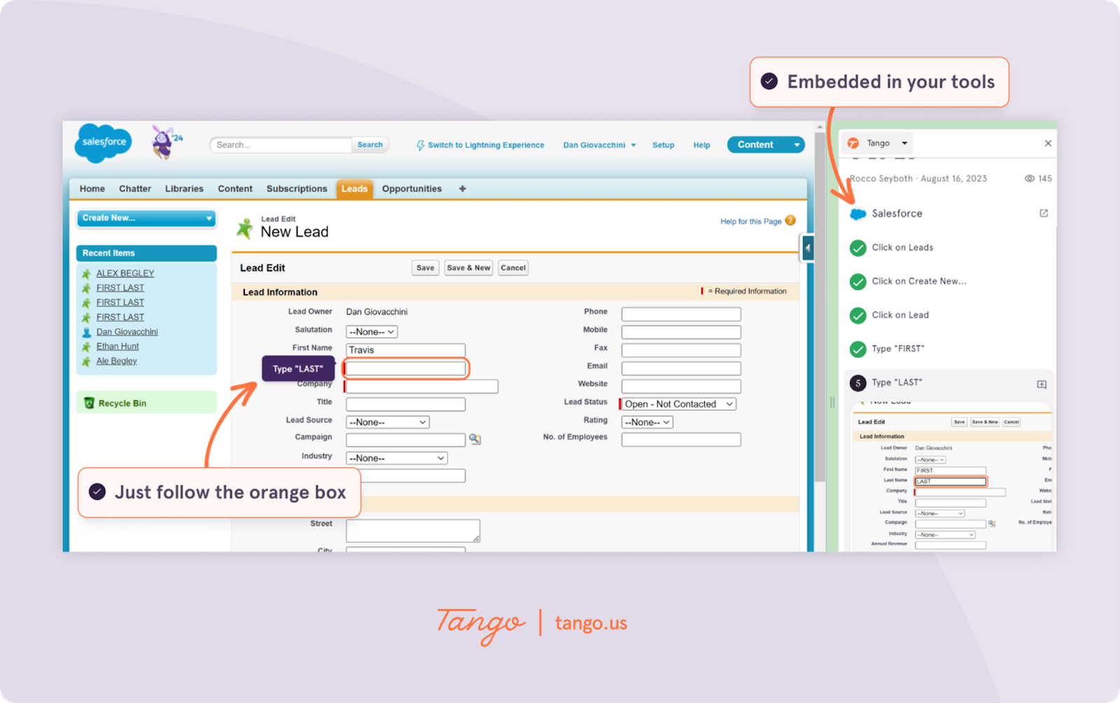 A screenshot of Tango's Salesforce instance, with Guidance showing sellers what to click, when, in context (and in brief).
