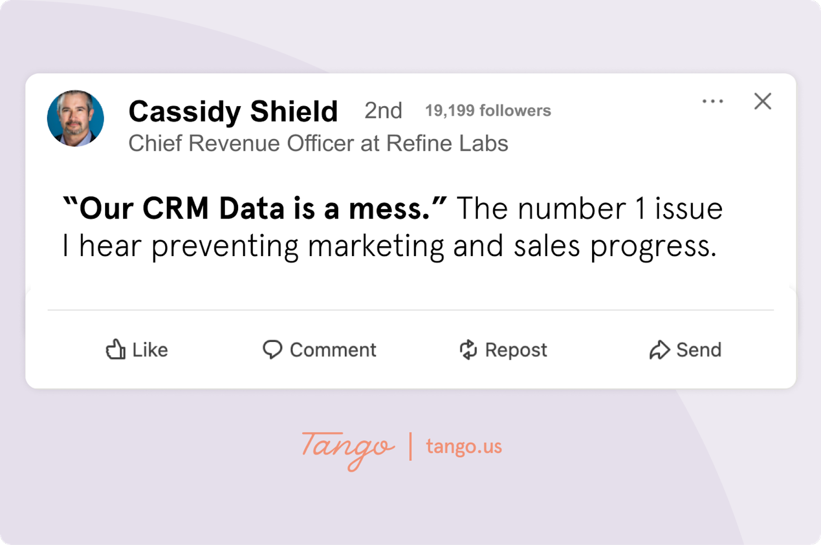 A screenshot of a LinkedIn post from Cassidy Shield, CRO at Refine Labs