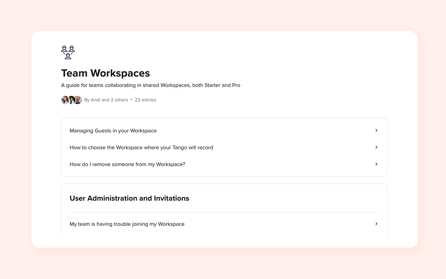 screenshot of Tangoâs help page on team Workspaces