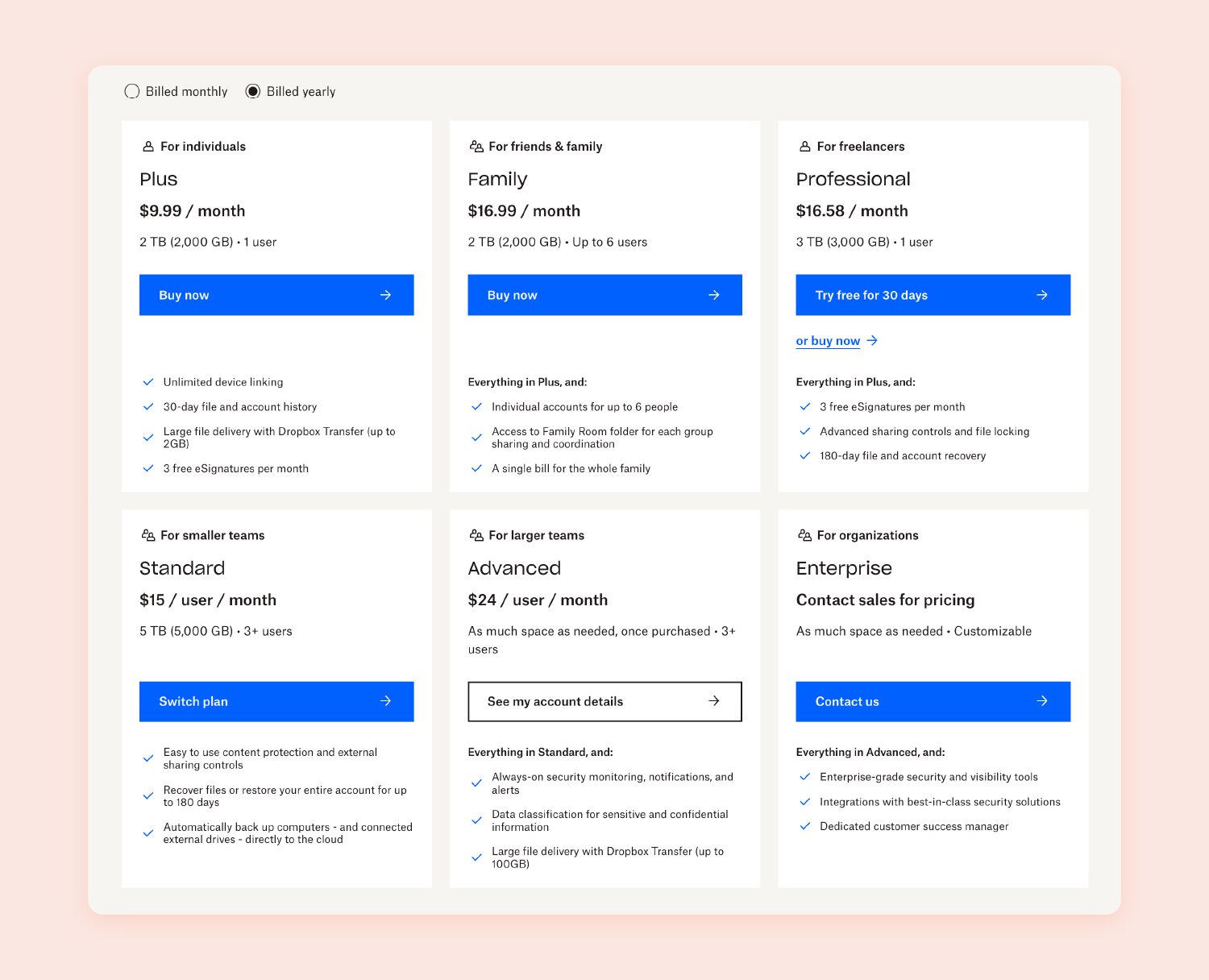 screenshot of Dropbox’s pricing page
