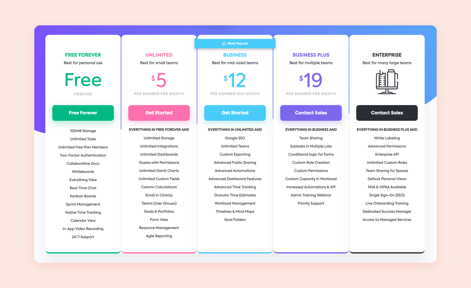 screenshot of ClickUp’s pricing page 