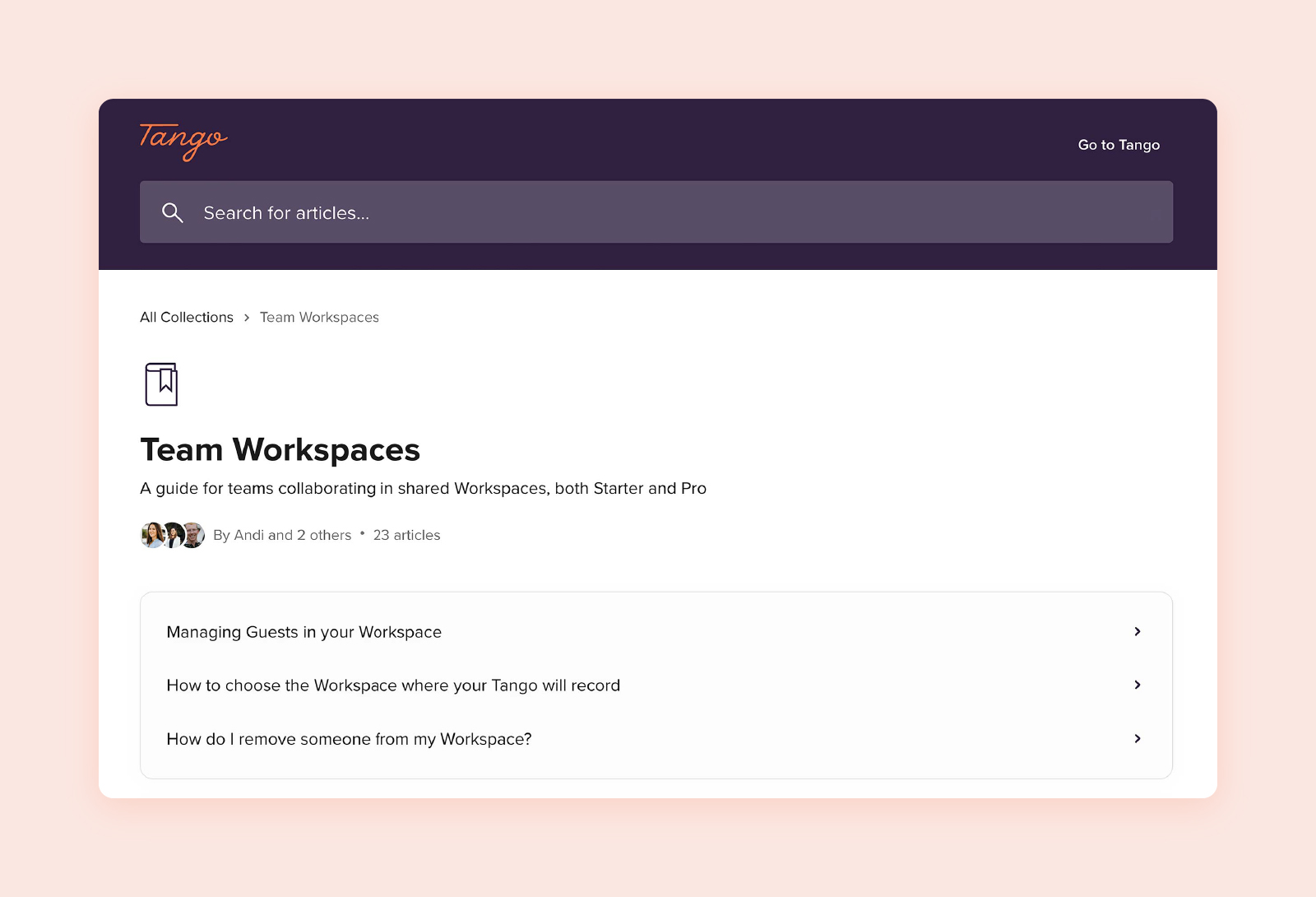Screenshot of Tango’s Team Workspaces guide