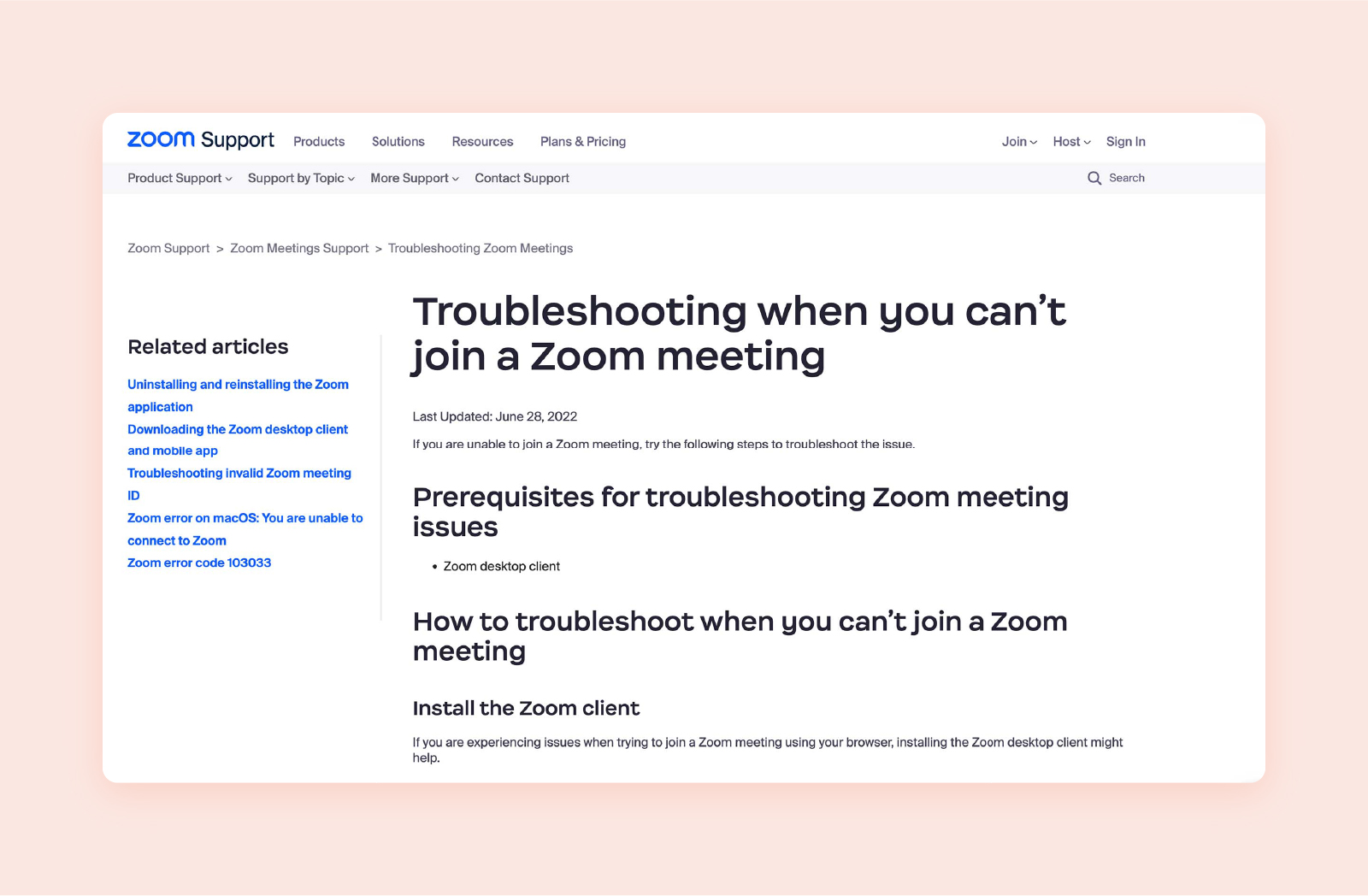 Screenshot of Zoom’s troubleshooting page