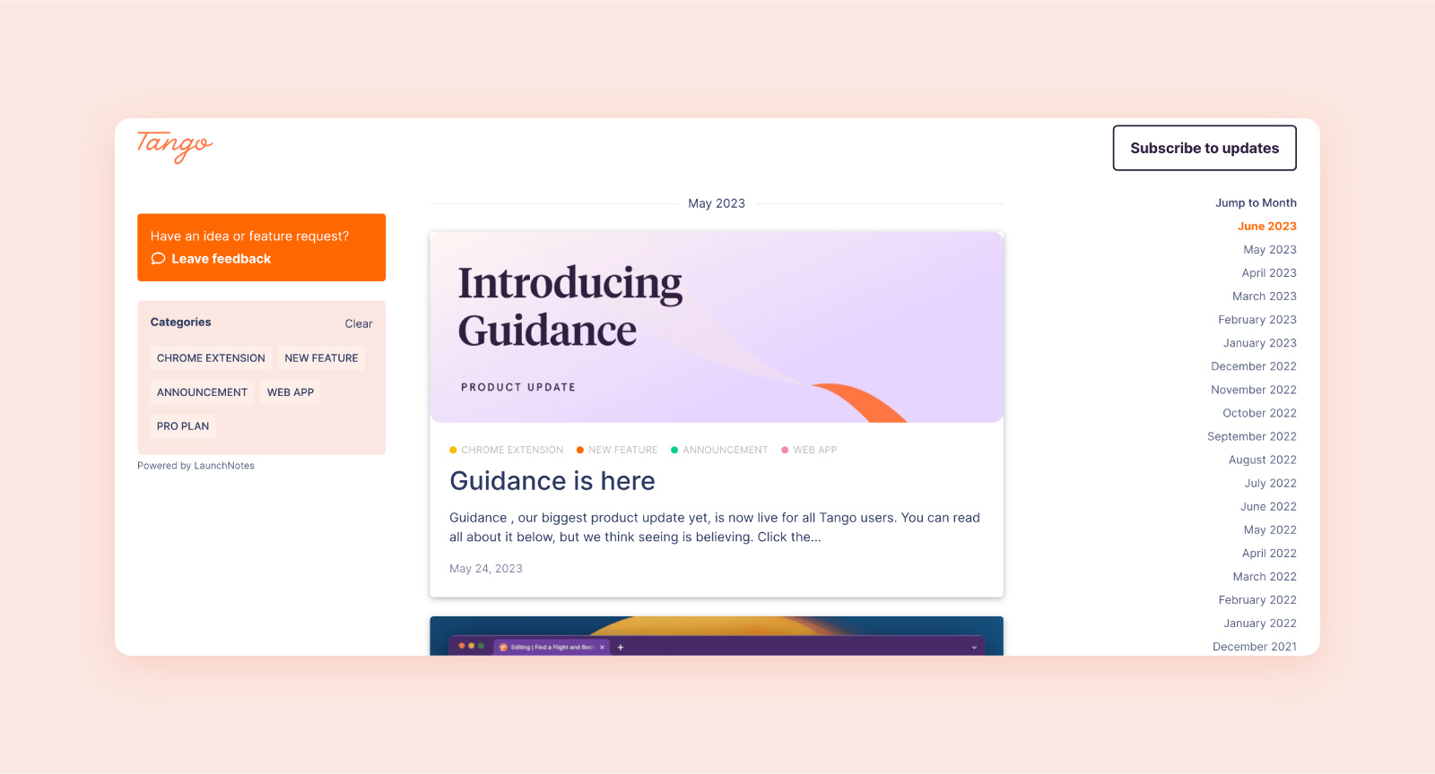 Screenshot of Tango’s release notes page
