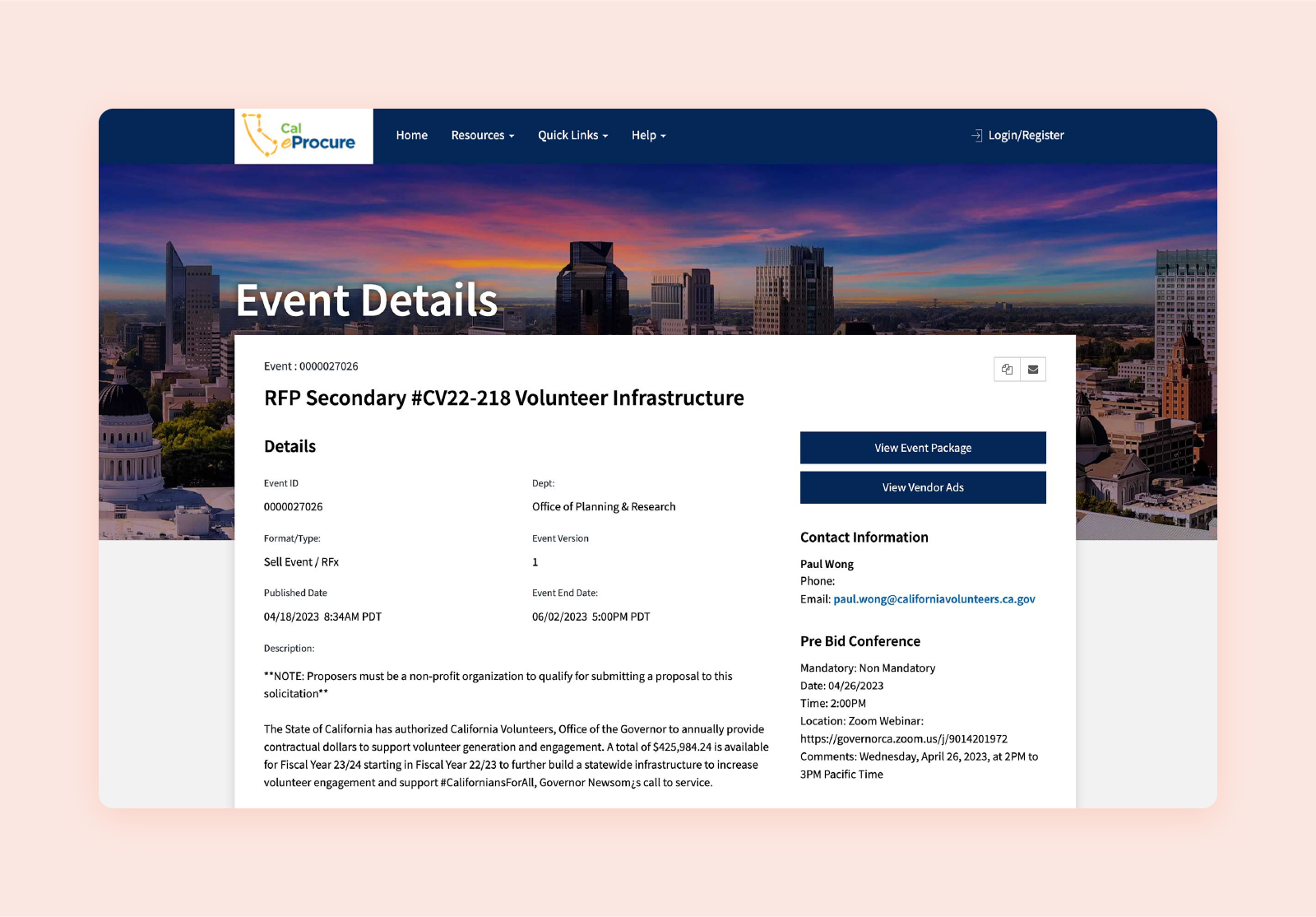 screenshot of an RFP from the California State Contracts Register